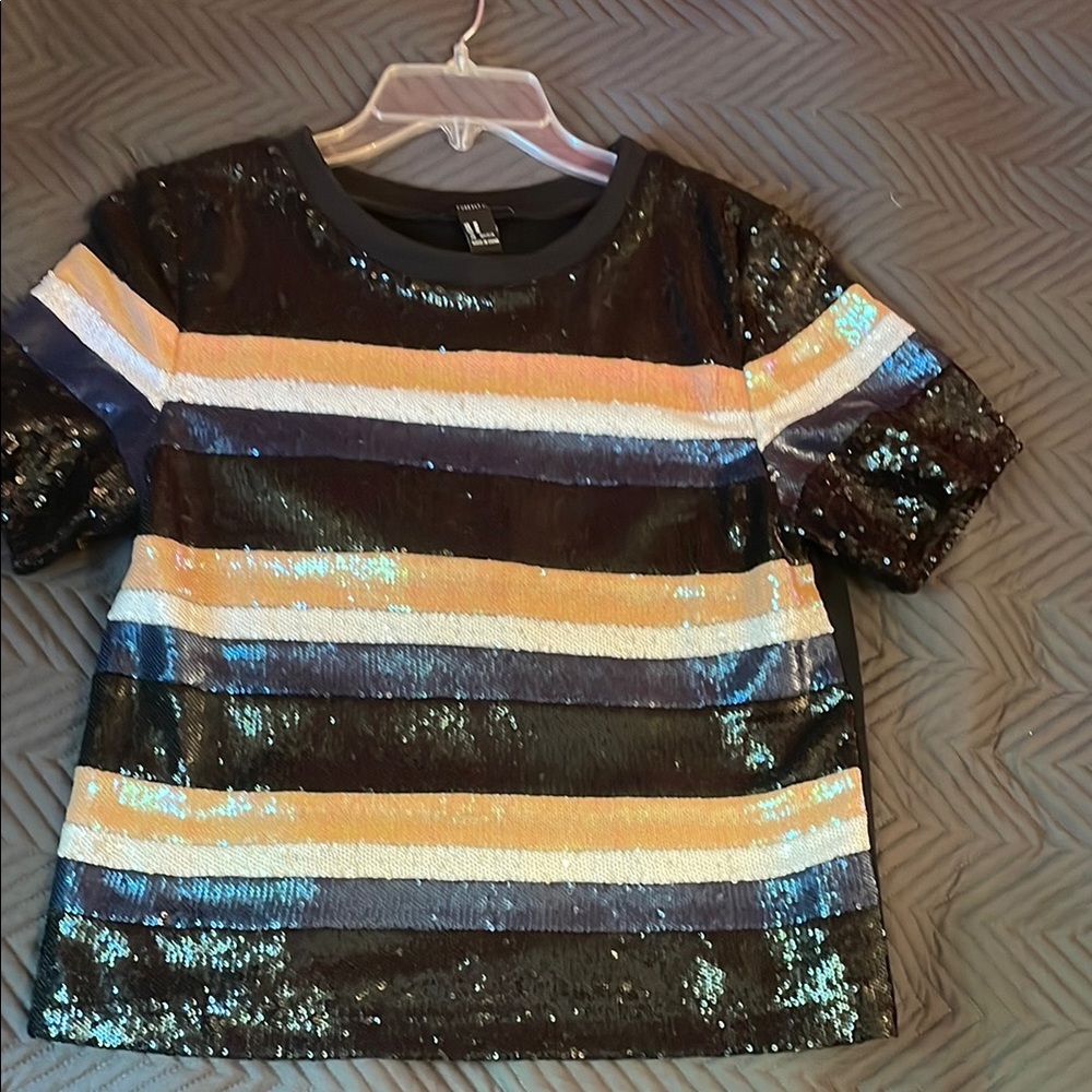 Sequin Top Black, White, Gold, Blue Stripes